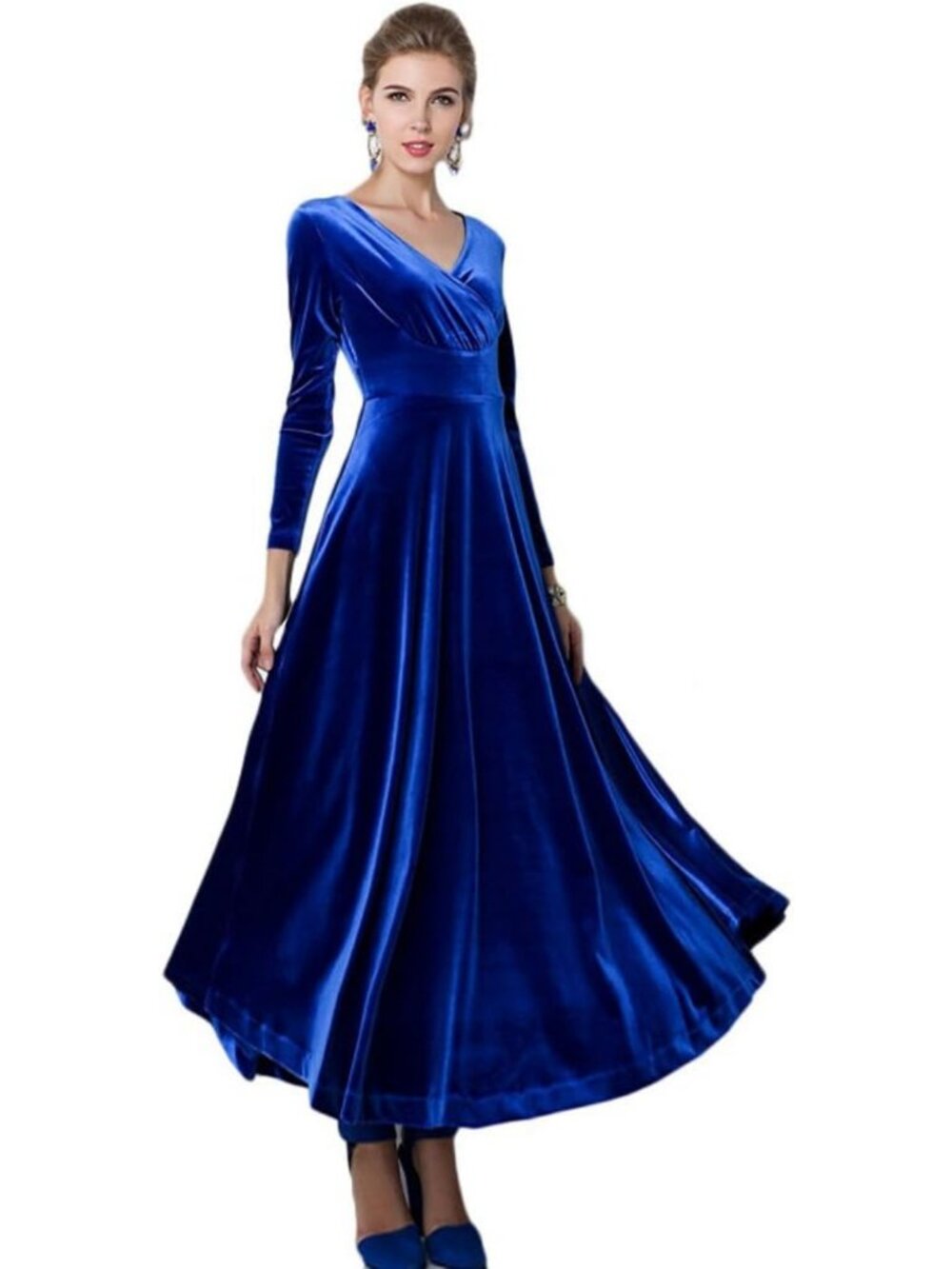Chic Long Sleeve V-Neck Velvet Dress for Women - Stretchy, Elegant & Comfortable